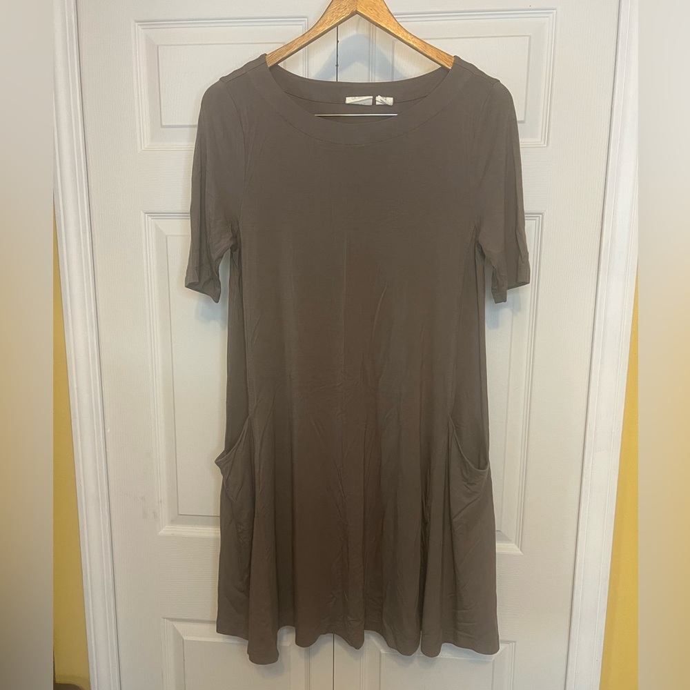 Sigrid Olsen Short Sleeve Knit Swing Dress Pockets Gray